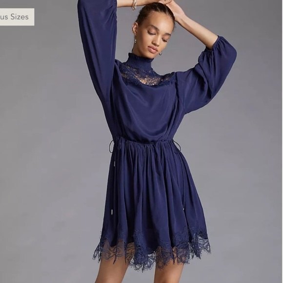 Magali Pascal Dress Anthropologie Navy Blue Clemence Lace Silk Coquette Mini - Picture 1 of 13